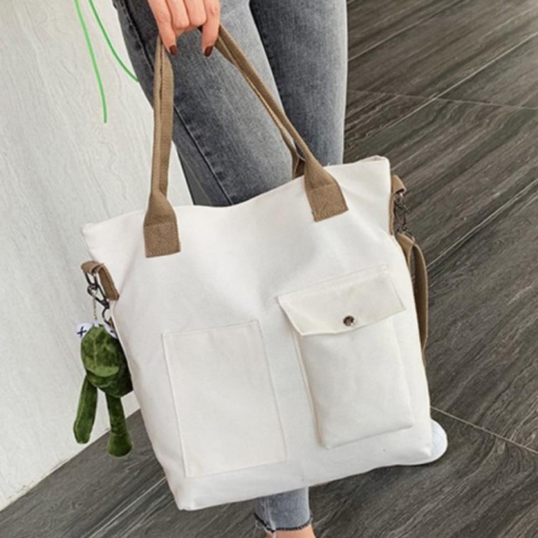 กระเป๋าผ้าแคนวาส eco bag 3-way ติดกระดุม มีช่องใส่ของ สะพายข้าง สะพายไหล่ ถือได้
