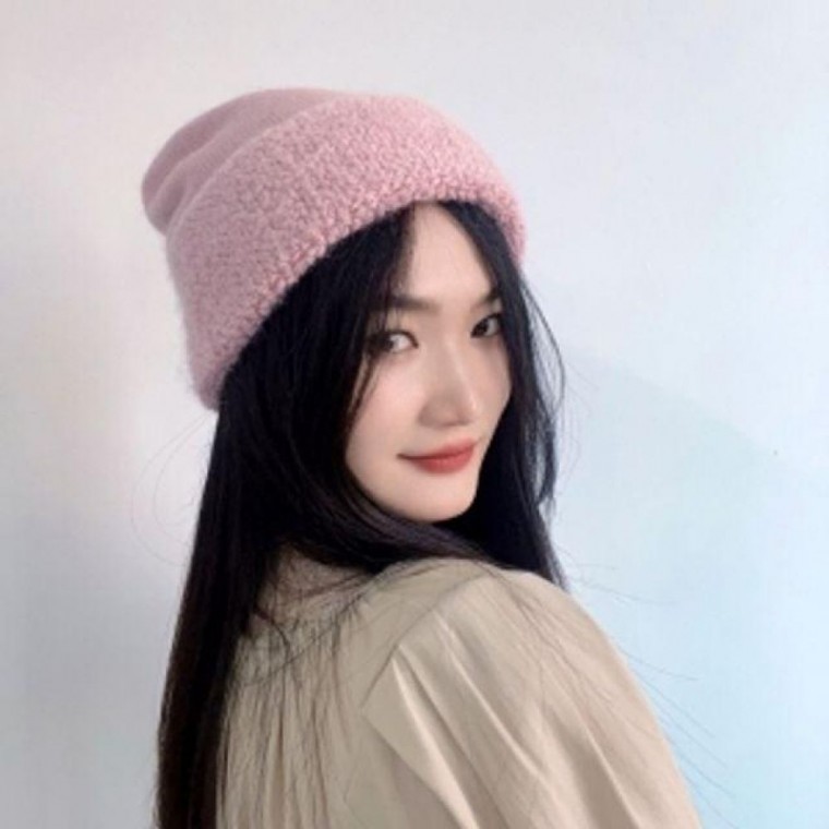 หมวกบีนนี่ไหมพรมบลูมมิ่ง (สีชมพู) หมวกแฟชั่นฤดูหนาว