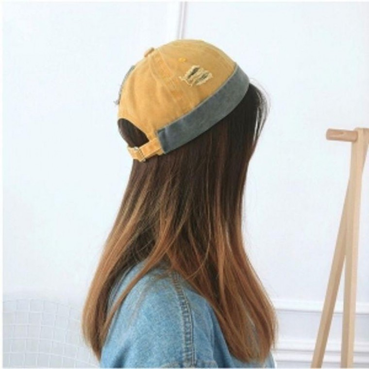 หมวกวอทช์แคปวินเทจ Tio (สีเหลือง) หมวกทรงปลอกนิ้วไม่มีปีก หมวกเล옹 บีนนี่ ใช้ได้ทั้งชายหญิง