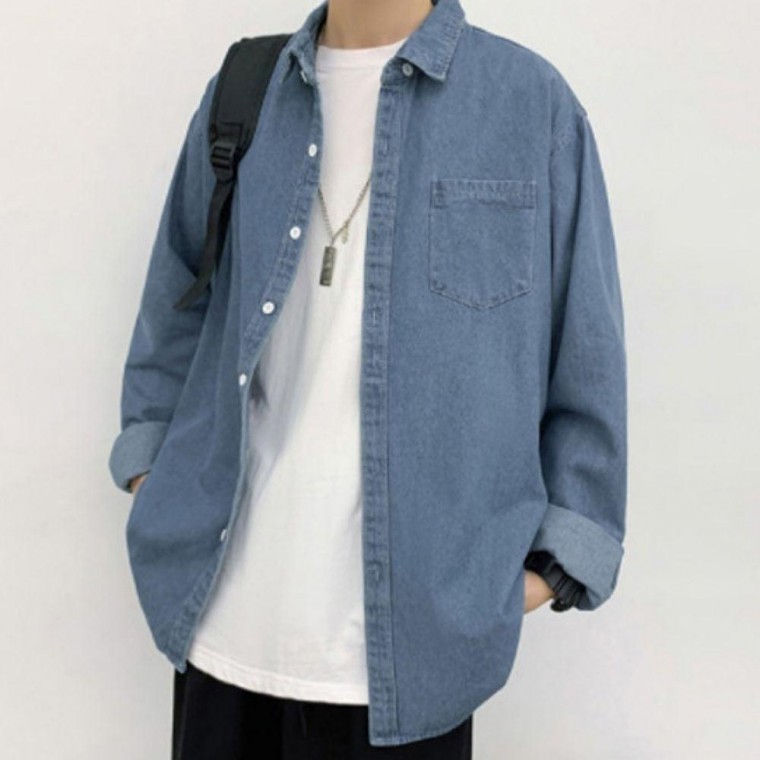 เสื้อเชิ้ตยีนส์เดนิมทรงหลวม/เสื้อยืดสีพื้น ใส่ได้ทั้งชายหญิง สไตล์คู่รัก