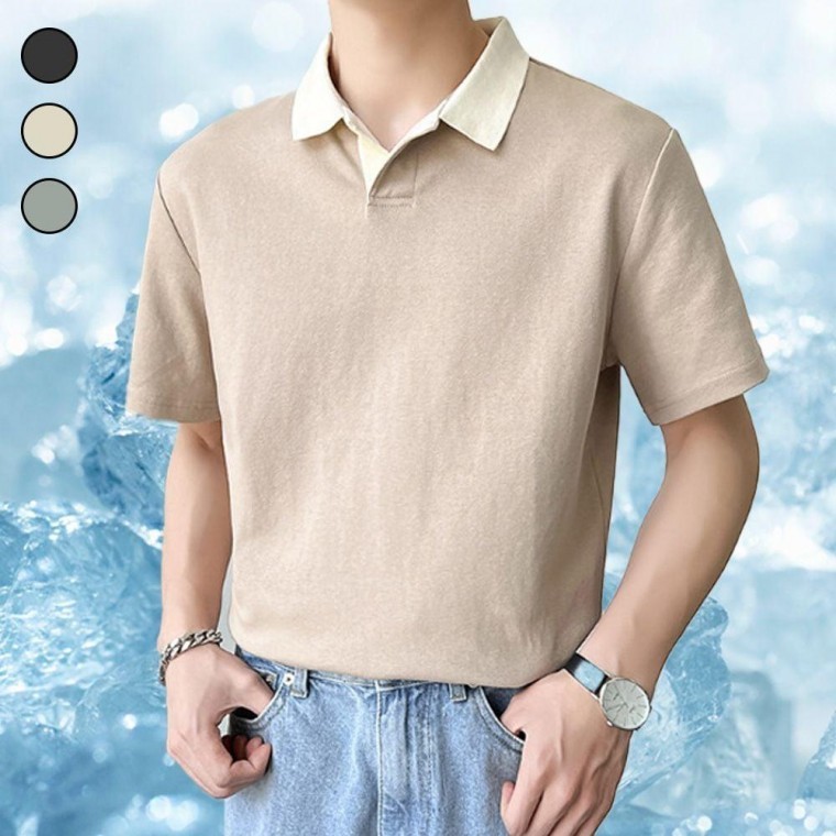 เสื้อโปโลแขนสั้นคอปกเปิดผ้าเย็นสีพื้น