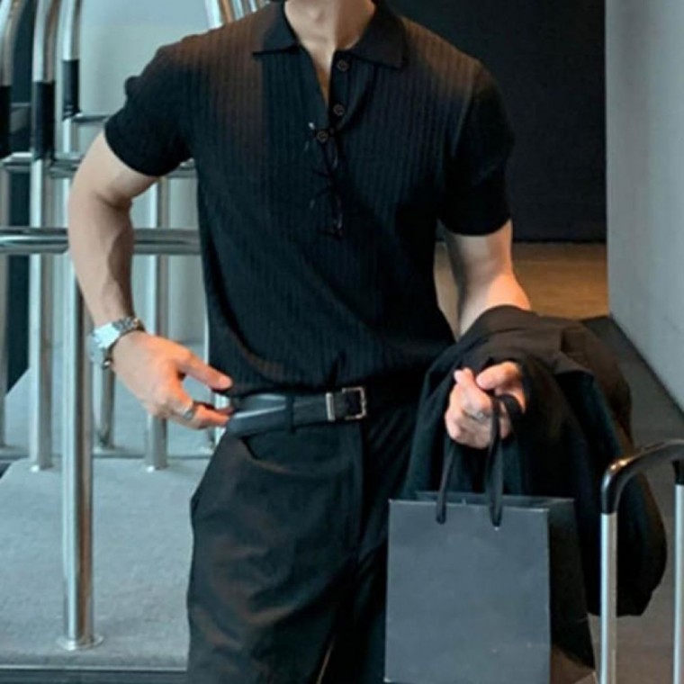 เสื้อโปโลแขนสั้นผ้านิตติ้งกระดุมสามเม็ดสำหรับหน้าร้อน