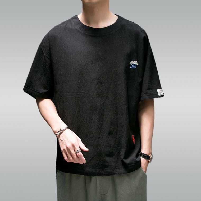 เสื้อเชิ้ตผ้าลินินแขนสั้นคอกลมทรงโอเวอร์ไซส์สำหรับผู้ชาย