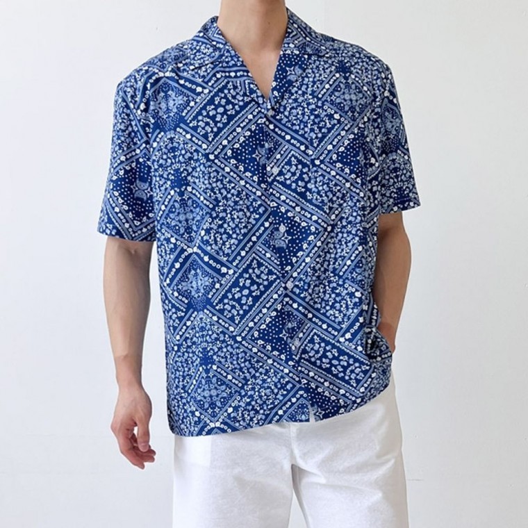 เสื้อเชิ้ตแขนสั้นผู้ชายทรงโอเวอร์ไซส์สไตล์เอทนิค สำหรับไปทะเล (บีชลุค)