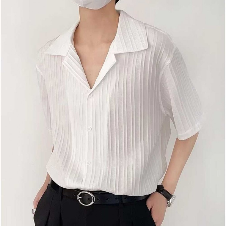 เสื้อเชิ้ตแขนสั้นสีขาวสำหรับผู้ชาย สไตล์เบสิคแคชชวลสำหรับใส่ไปทำงาน