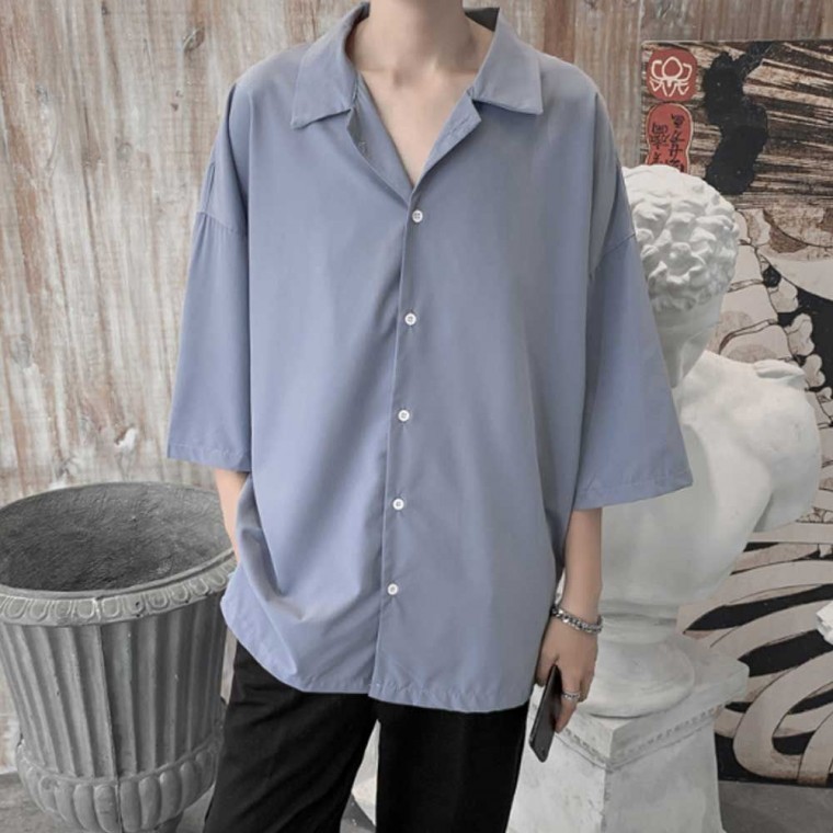 เสื้อเชิ้ตคอปกแขนเจ็ดส่วนสำหรับผู้ชาย สไตล์เบสิคสำหรับใส่ไปทำงานทุกวัน