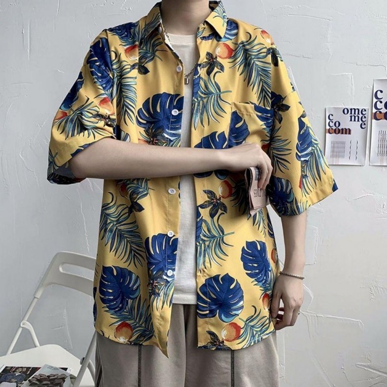 เสื้อเชิ้ตฮาวายแขนสั้นลายดอกไม้สำหรับผู้ชาย มี 5 สี สไตล์รีสอร์ทลุค