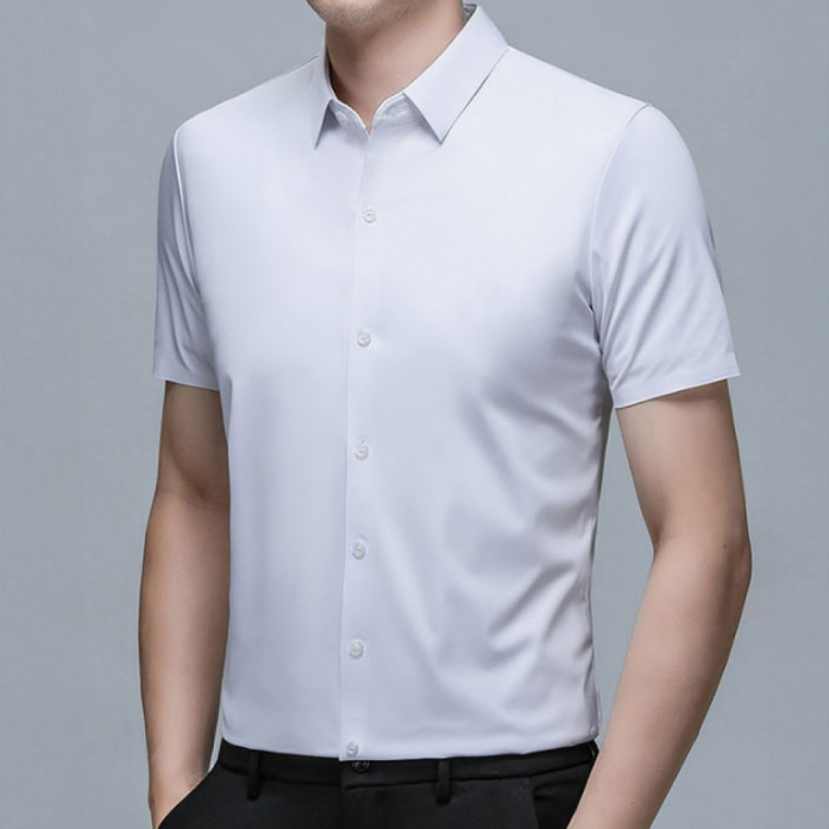 เสื้อเชิ้ตแขนสั้นผู้ชายสำหรับฤดูร้อน สไตล์เซมิลำลอง ผ้ายับยาก