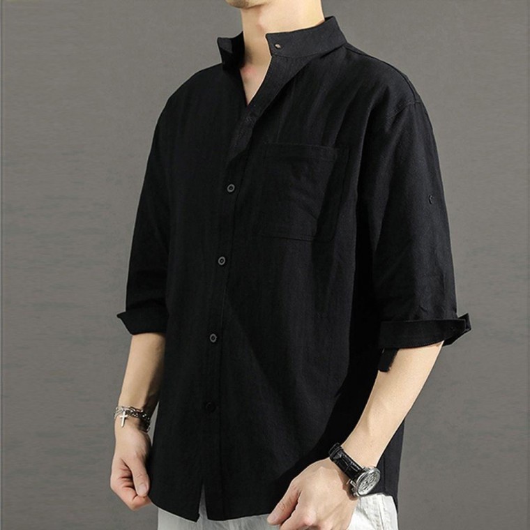 เสื้อเชิ้ตผ้าลินินแขนสั้นผู้ชาย (พับแขนได้) คอจีน สำหรับฤดูร้อน
