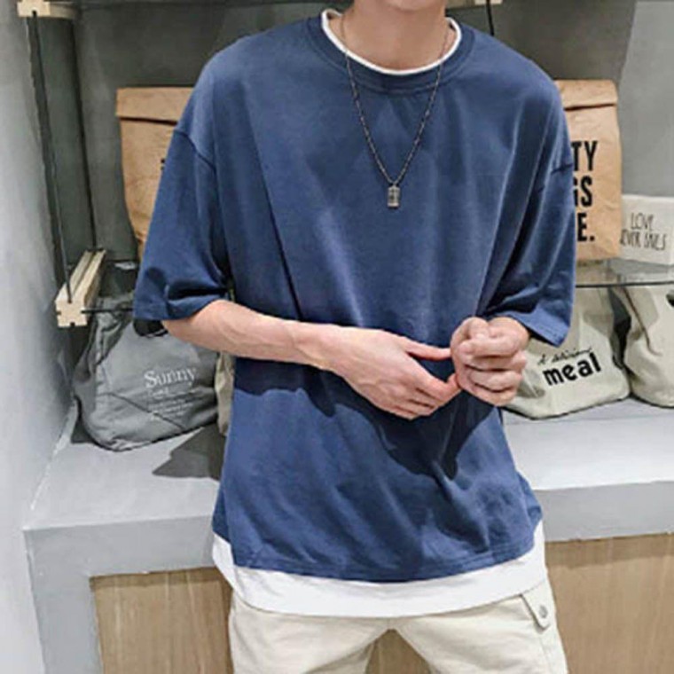 เสื้อยืดแขนสั้นผู้ชายสีพื้นคอกลม/คอวี สำหรับเลเยอร์สไตล์แคชชวล