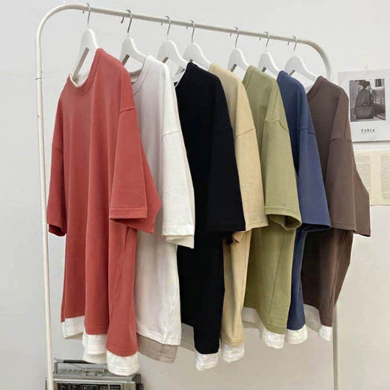 เสื้อยืดแขนสั้นผู้ชายสีพื้นคอกลม/คอวี สไตล์สตรีทแคชชวล