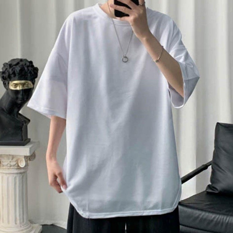 เสื้อยืดแขนสั้นสีพื้นคอกลม/คอวีผ่าข้างสำหรับผู้ชาย