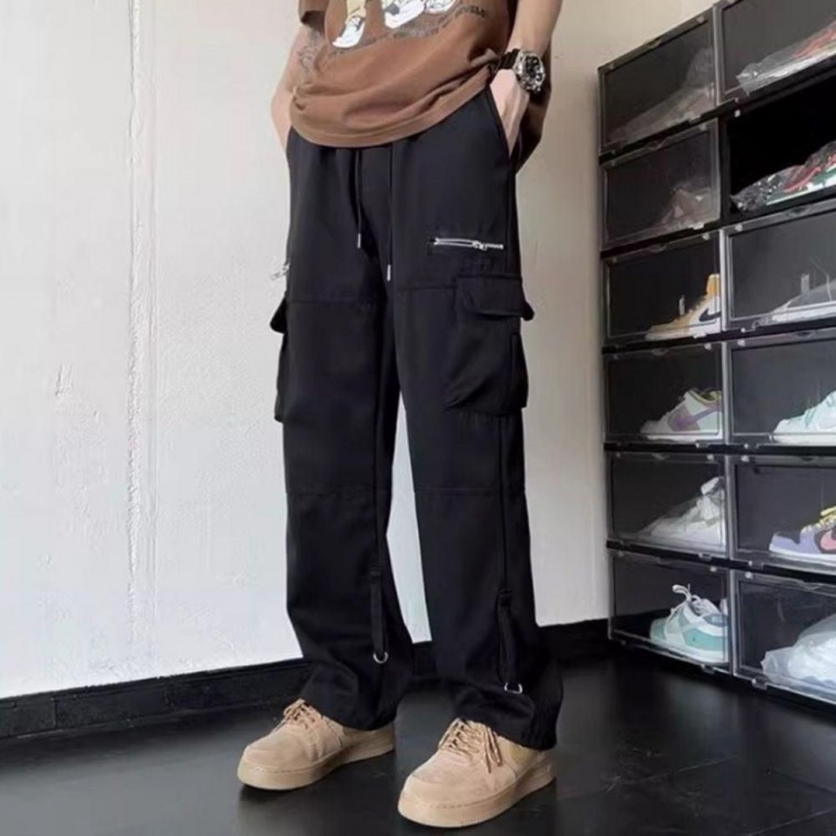 กางเกงคาร์โก้ทรงไวด์มีซิปแฟชั่นสปอร์ตตี้ทรงเบสิคสำหรับผู้ชาย