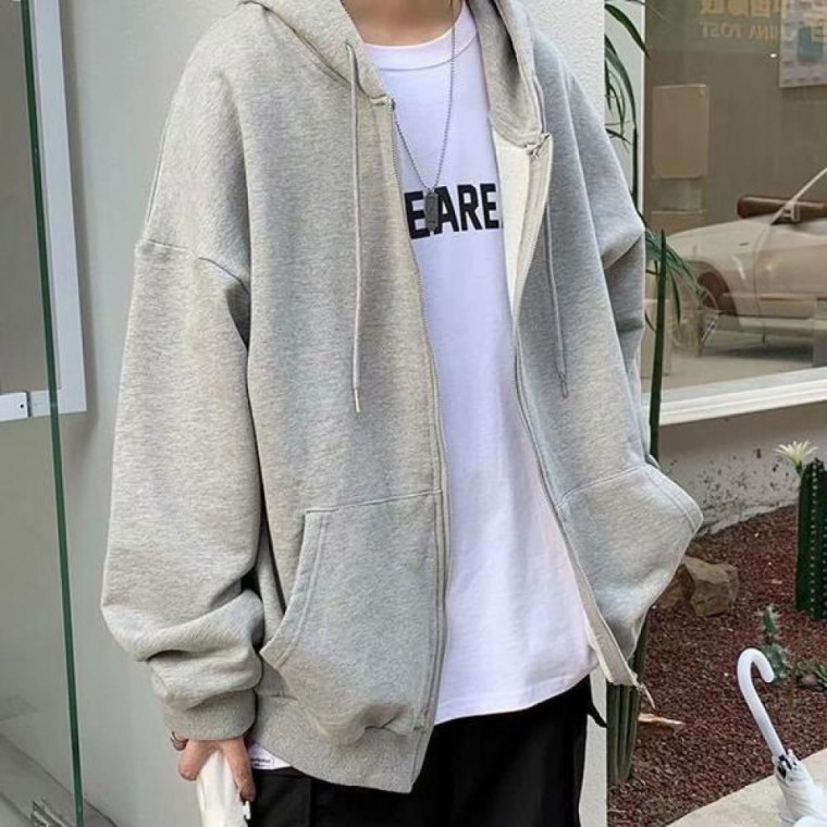 เสื้อฮู้ดซิปอัพสีชาร์โคลทรงโอเวอร์ไซส์สำหรับผู้ชาย ใส่ได้ทุกวัน IS-JK38