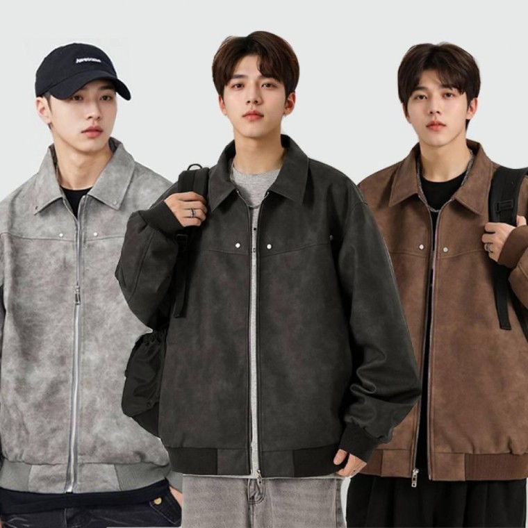 เสื้อตัวนอกซิปอัพคอปก หนังนิ่ม แต่งลายฟอกสไตล์แคชชวล