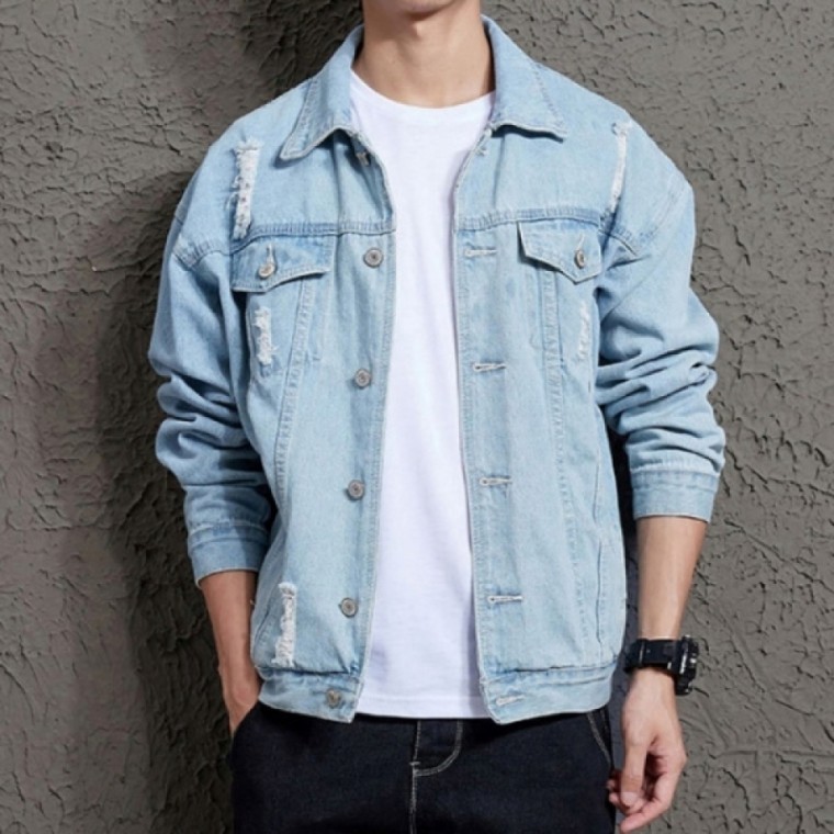 เสื้อตัวนอกแจ็คเก็ตยีนส์เดนิมสำหรับผู้ชาย แต่งลายฟอก สไตล์แฟชั่นเดลี่