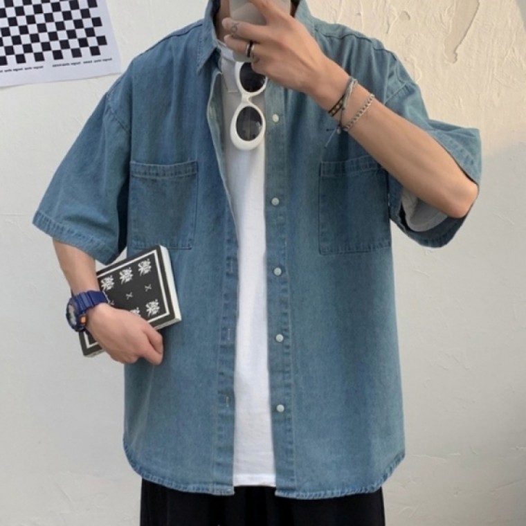 เสื้อเชิ้ตเดนิมทรงโอเวอร์ไซส์สำหรับผู้ชาย สไตล์เบสิคแคชชวลลุค