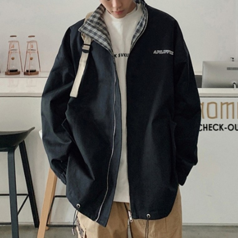 แจ็คเก็ตใส่ได้สองด้าน ดีไซน์เบสิคสำหรับผู้ชาย ทรงหลวม โอเวอร์ไซส์ เดลี่โคดี