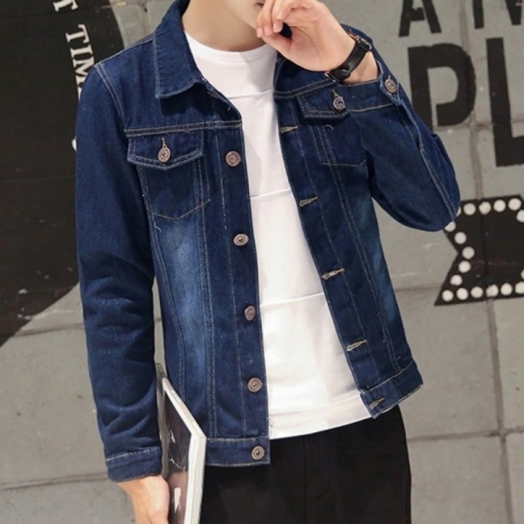 แจ็คเก็ตยีนส์เดนิมเบสิคสำหรับผู้ชาย เสื้อตัวนอกสำหรับช่วงเปลี่ยนฤดู