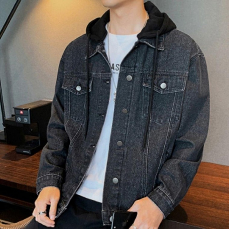 แจ็คเก็ตยีนส์เดนิมสไตล์เบสิคสำหรับผู้ชาย มีฮู้ดถอดได้