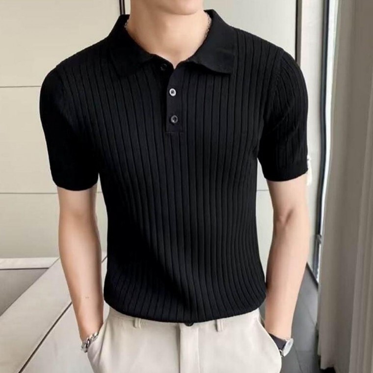 เสื้อถักผู้ชาย เสื้อยืดแขนสั้น คอปกมีกระดุม 3 สี เสื้อถักผู้ชายแขนสั้น