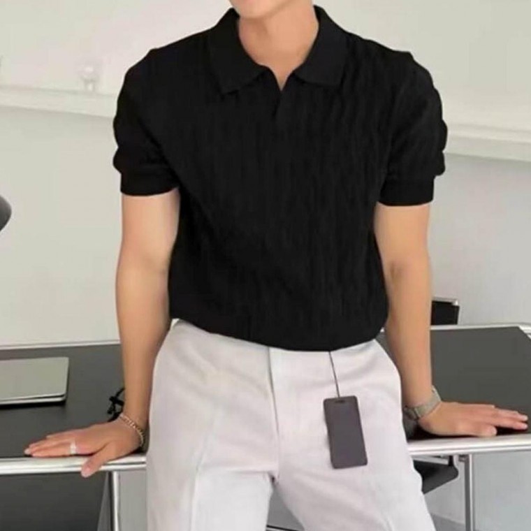 เสื้อถักผู้ชาย เสื้อยืดแขนสั้น เสื้อโปโลผู้ชาย 3 สี ลวดลายสไตล์แดนดี้ คอปก