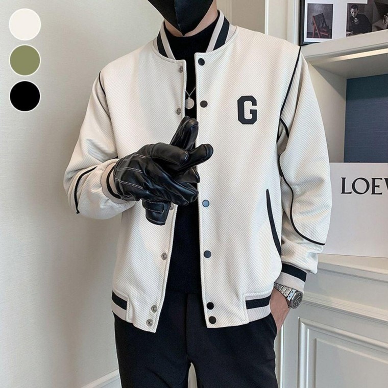 แจ็คเก็ต G-lettered สำหรับผู้ชาย จั๊มเปอร์ฤดูใบไม้ร่วง แจ็คเก็ตเบสบอล บลูซงการบิน เสื้อตัวนอกฤดูใบไม้ร่วง