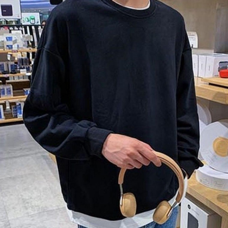เสื้อยืดแขนยาวคอกลมทรงโอเวอร์ไซส์สำหรับผู้ชายในฤดูใบไม้ร่วง
