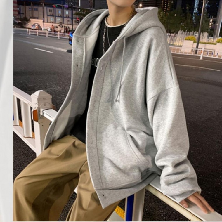 แจ็คเก็ต/เสื้อยืดแขนยาวมีฮู้ดทรงโอเวอร์ไซส์สีพื้น สำหรับผู้ชาย