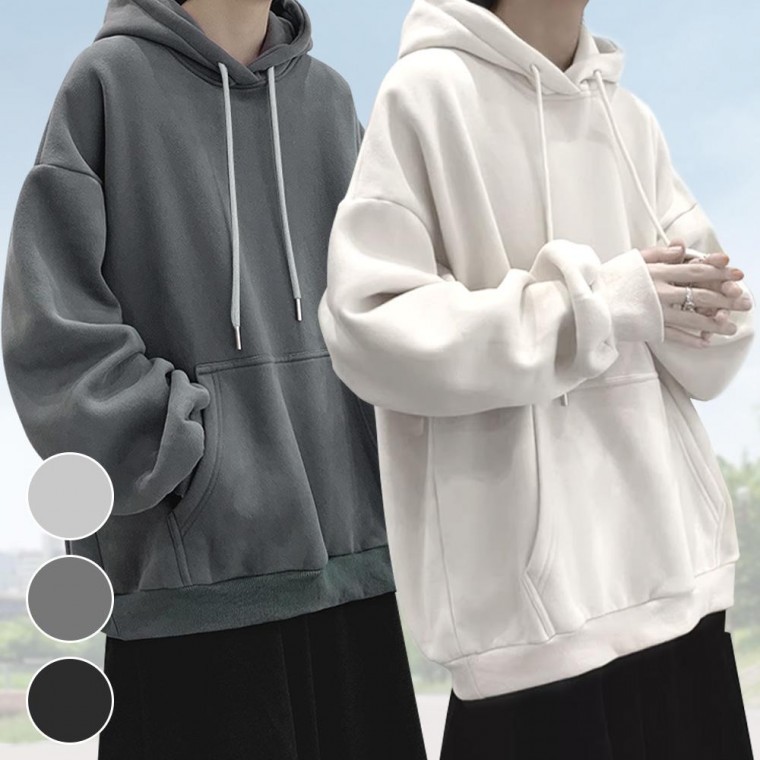 เสื้อฮู้ด/สเวตเชิ้ตแขนยาวสีพื้นทรงโอเวอร์ไซส์สำหรับคู่รักในฤดูใบไม้ร่วง