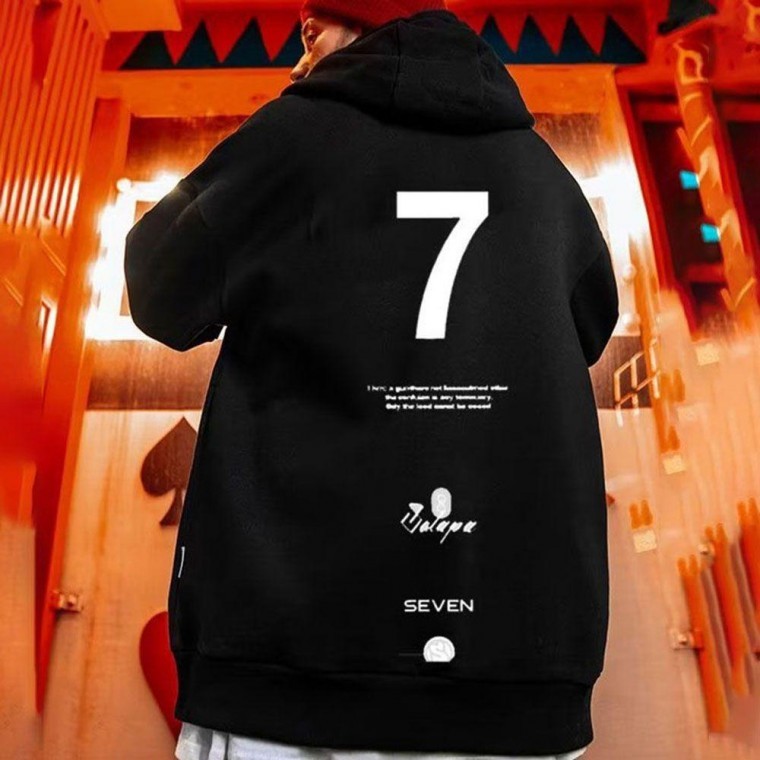 เสื้อสเวตเชิ้ต/เสื้อฮู้ดทรงโอเวอร์ไซส์พิมพ์ลาย บุขนด้านใน สไตล์คอกลมสีพื้นสำหรับผู้ชาย