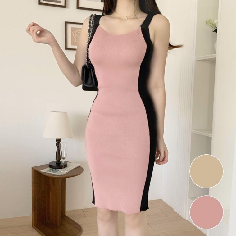เดรสยาวแขนกุดผ้าถักทรงตรงเข้ารูปผ้ายืดลายร่องทรงเมอร์เมด