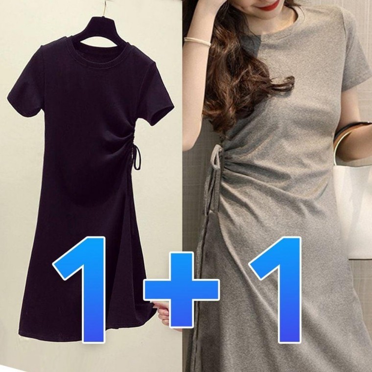 1+1 เดรสสั้นแขนสั้นแต่งจีบคอกลมสำหรับใส่ทุกวัน
