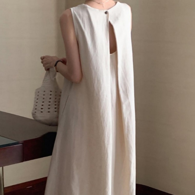 เดรสยาวลินินแขนกุดสำหรับฤดูร้อนผ่าหลัง