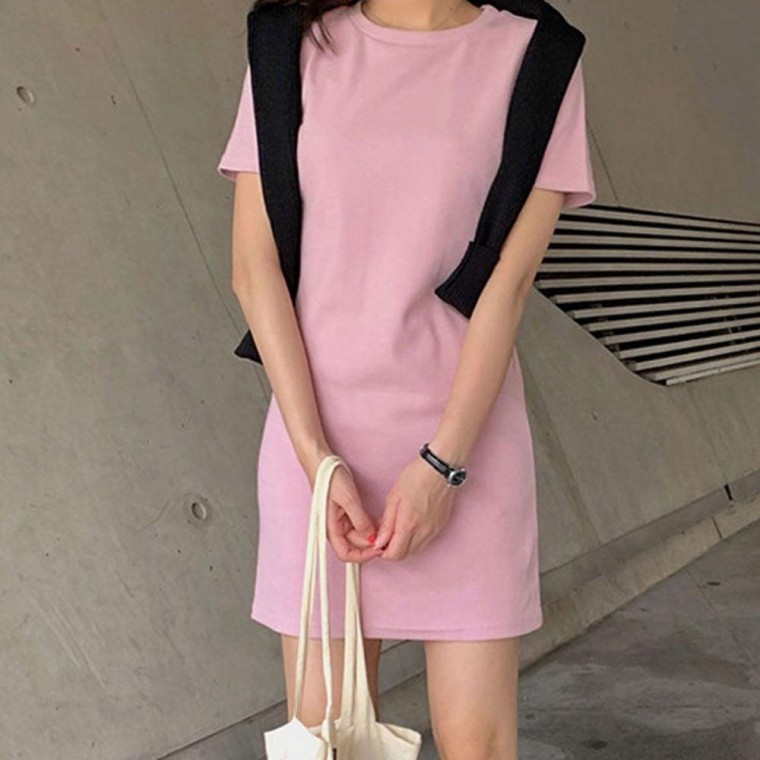 เดรสสั้นแขนสั้นคอกลมสีพาสเทลไม่มีลาย