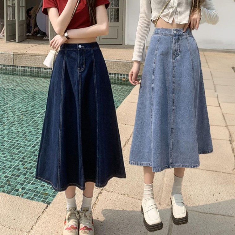 กระโปรงยีนส์ผู้หญิงทรงบานขอบเอวยางยืดด้านหลัง กระโปรงยาวไซส์ใหญ่