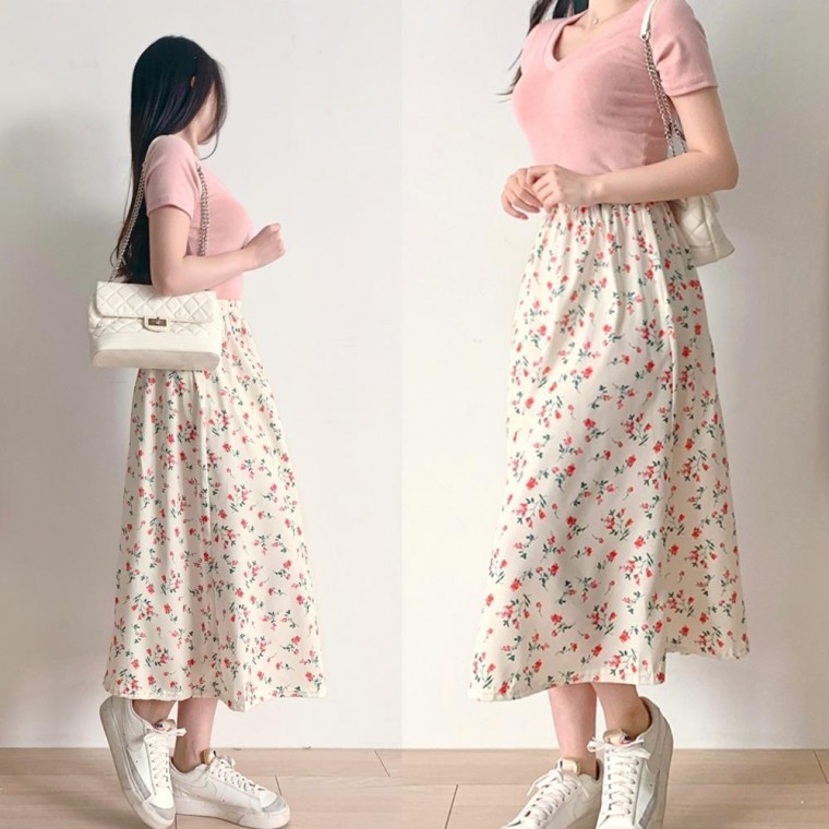 กระโปรงผ้าชีฟองลายดอกไม้ทรงเอขอบยางยืดใส่สบายสำหรับฤดูใบไม้ผลิและฤดูร้อน