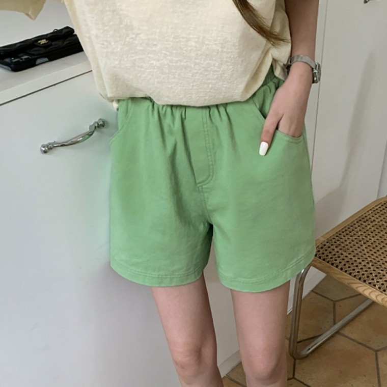 กางเกงขาสั้นผ้าฝ้ายฟอก 6 สีขอบยาง สำหรับใส่ในบ้าน ใส่ง่าย