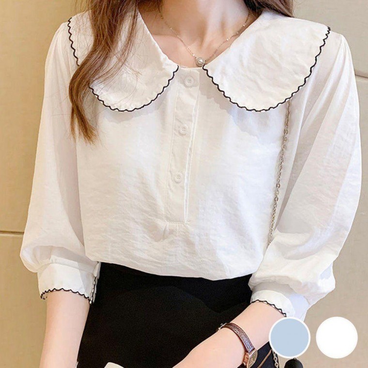 เสื้อเบลาส์ทรงหลวมน่ารักคอปกใหญ่ลายคลื่นแขนเจ็ดส่วนสำหรับฤดูร้อน