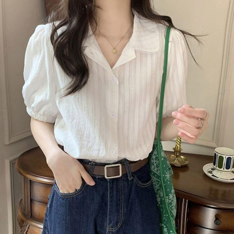 เสื้อเบลาส์แขนสั้นบางสำหรับผู้หญิง 1 ชิ้น สำหรับใส่ประจำวันในฤดูร้อน เสื้อเชิ้ตแขนพอง