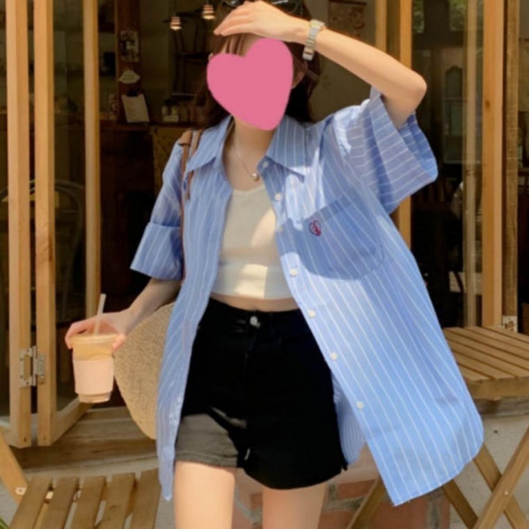 เสื้อเชิ้ตแขนสั้นผู้หญิงลายทางปักลายหัวใจสำหรับฤดูร้อนสไตล์แคชชวล