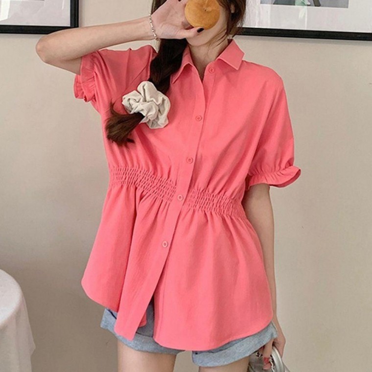เสื้อเชิ้ตแขนสั้นคอปกเอวยางยืดสำหรับผู้หญิง 1 ชิ้น สำหรับใส่ประจำวันในฤดูร้อน