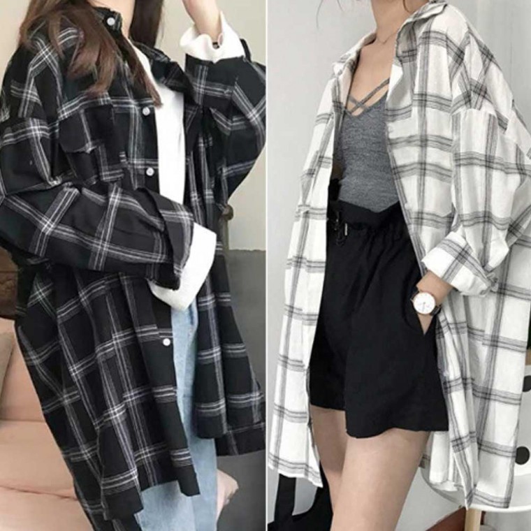 เสื้อเชิ้ตยาวลายสก๊อตสำหรับนักศึกษาหญิงใส่ในแคมปัสช่วงเปลี่ยนฤดู