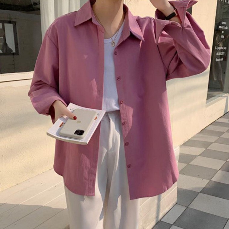 เสื้อเชิ้ตเรียบแขนยาวทรงหลวมสำหรับผู้หญิง 1 ชิ้น สำหรับใส่ไปออฟฟิศในฤดูร้อนและช่วงเปลี่ยนฤดู