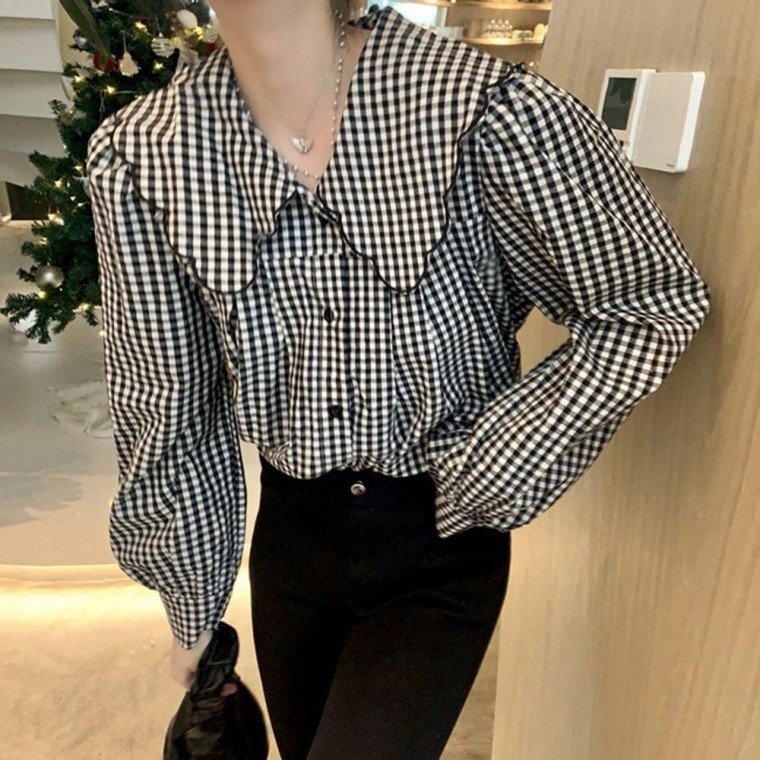 เสื้อเบลาส์ลายสก๊อตคอปกใหญ่น่ารักสำหรับผู้หญิง 1 ชิ้น เสื้อเชิ้ตทรงหลวม