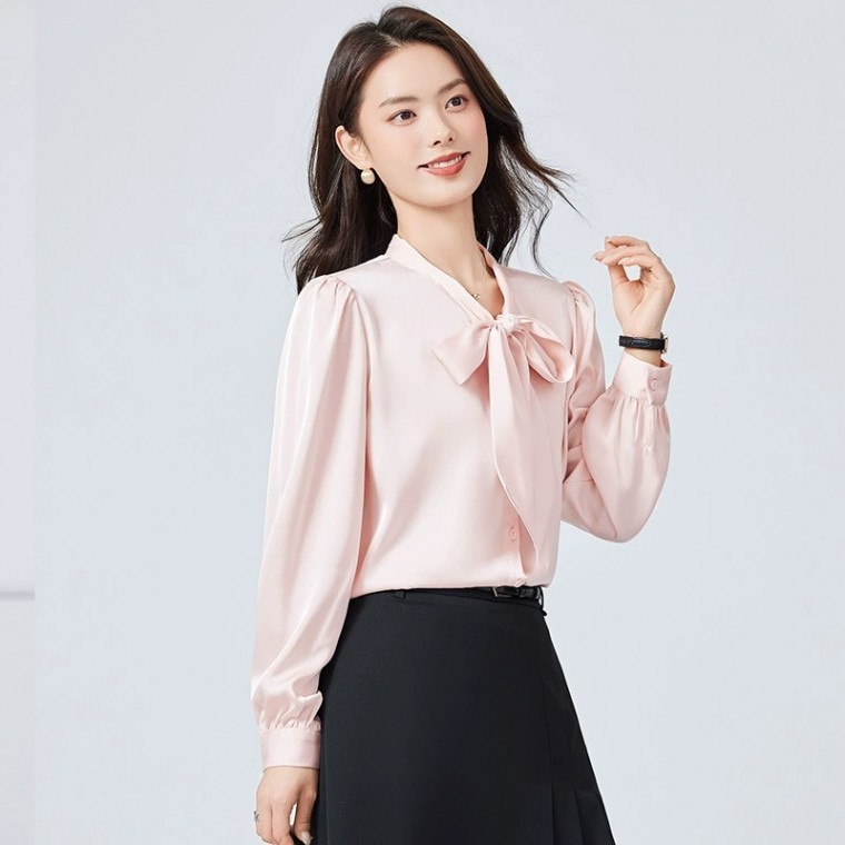 เสื้อเบลาส์แขนยาวคอวีติดโบว์สำหรับผู้หญิงใส่สัมภาษณ์งาน