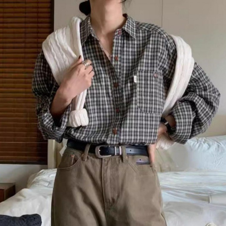 เสื้อเชิ้ตเบลาส์ผู้หญิง เสื้อเชิ้ตแขนยาวลายสก๊อตทรงหลวมสำหรับฤดูใบไม้ร่วง ไอเทมที่ต้องมีในฤดูร้อน สไตล์เรียบหรู
