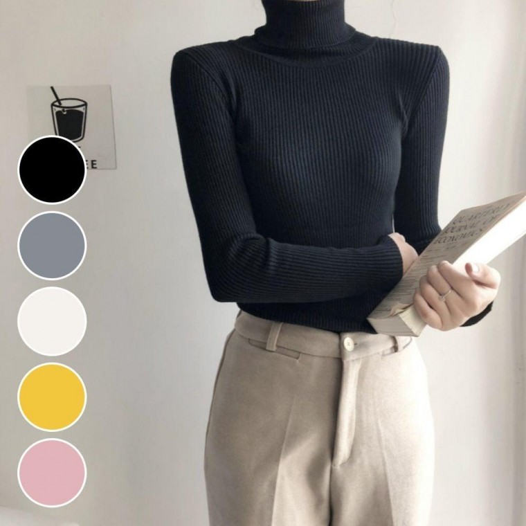 เสื้อไหมพรมคอเต่ารัดรูปผ้าร่องเบสิคสำหรับผู้หญิง