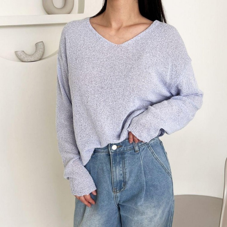 เสื้อไหมพรมตาข่ายแขนยาวคอวีทรงสวย
