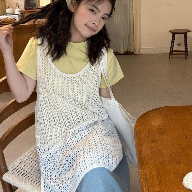 เสื้อกั๊กยาวคอกลมลายตาข่ายผ่าข้างระบายอากาศได้ดี
